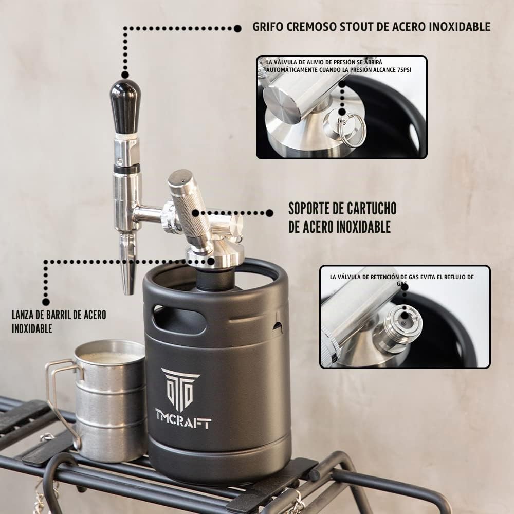 TMCRAFT Cafetera Nitro Cold Brew de 64 oz, grifo de acero inoxidable Stout Cream y válvula de alivio de presión, barril de café de nitrógeno