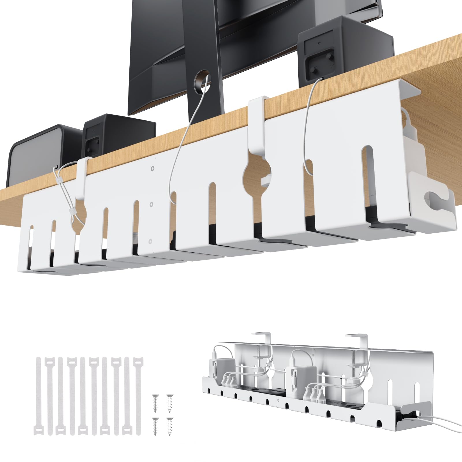 KEEGH Under Desk Cable Management Tray 32 in, Metal Cable Holder, White