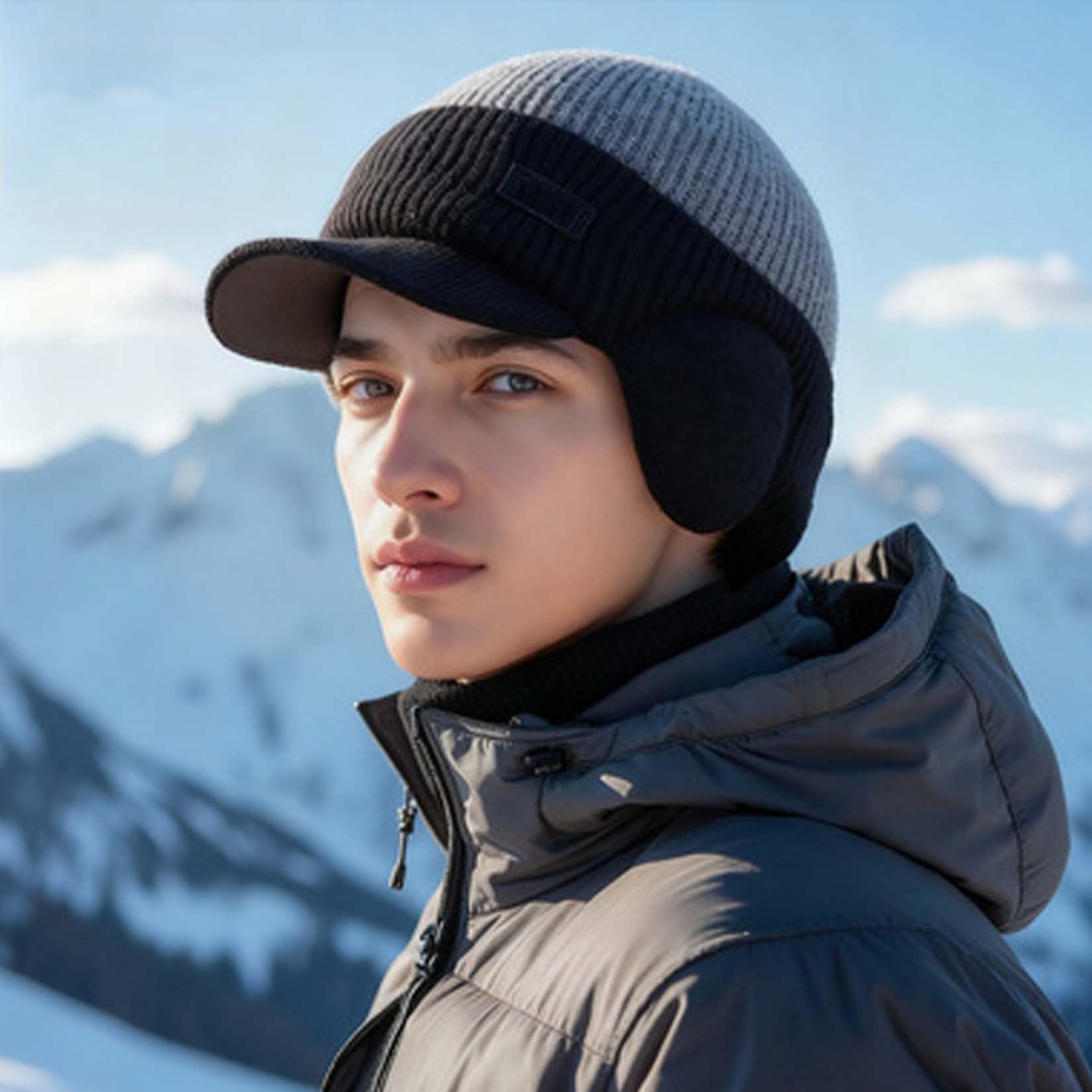 Cappello invernale da uomo lavorato a maglia con paraorecchie con tesa, caldo berretto foderato in pile per uomo, cappello termico antivento lavorato a maglia