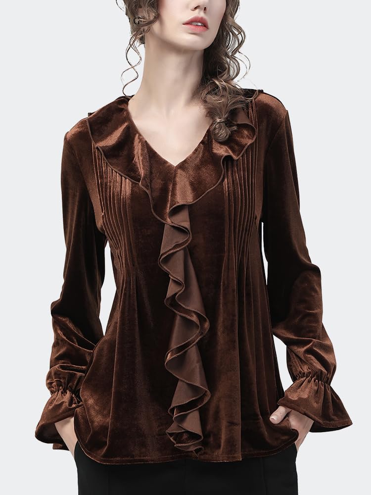 Blusa de Terciopelo con Volantes y Cuello en V de Estilo francés para Mujer, Camisas holgadas Marrones para Mujer, Camisas Elegantes para otoño e Invierno, Top Elegante (marrón M)