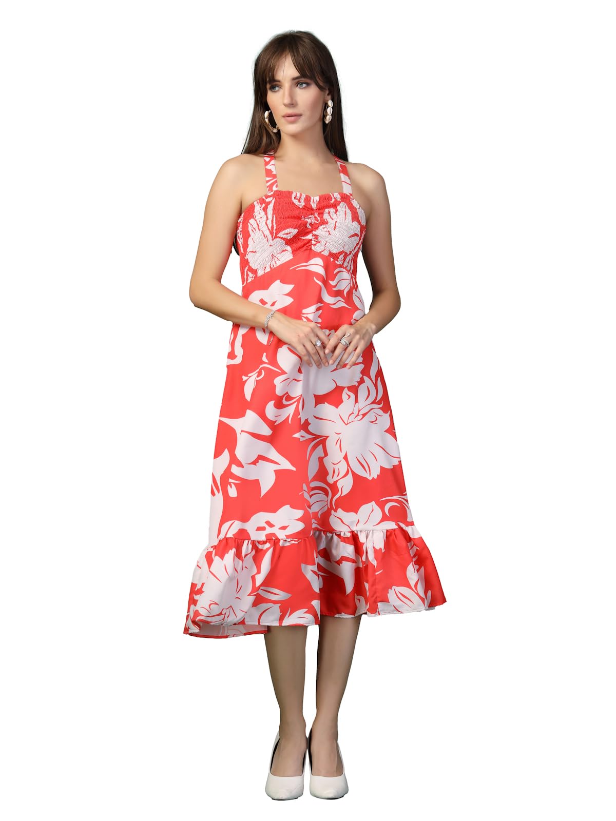 Oomph! Women's Western & Fusion Wear Printed Crepe Dress For Women, Smocked Bodice, Red - Md1050