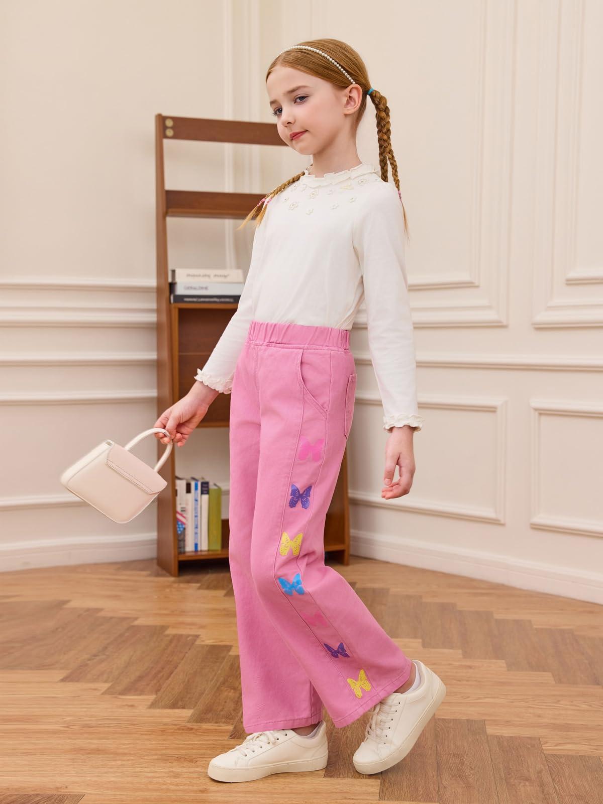 Haloumoning Jean pour fille - Imprimé papillon - Denim - Pantalon baggy - Jambes larges - Élastique - Streetwear avec poches
