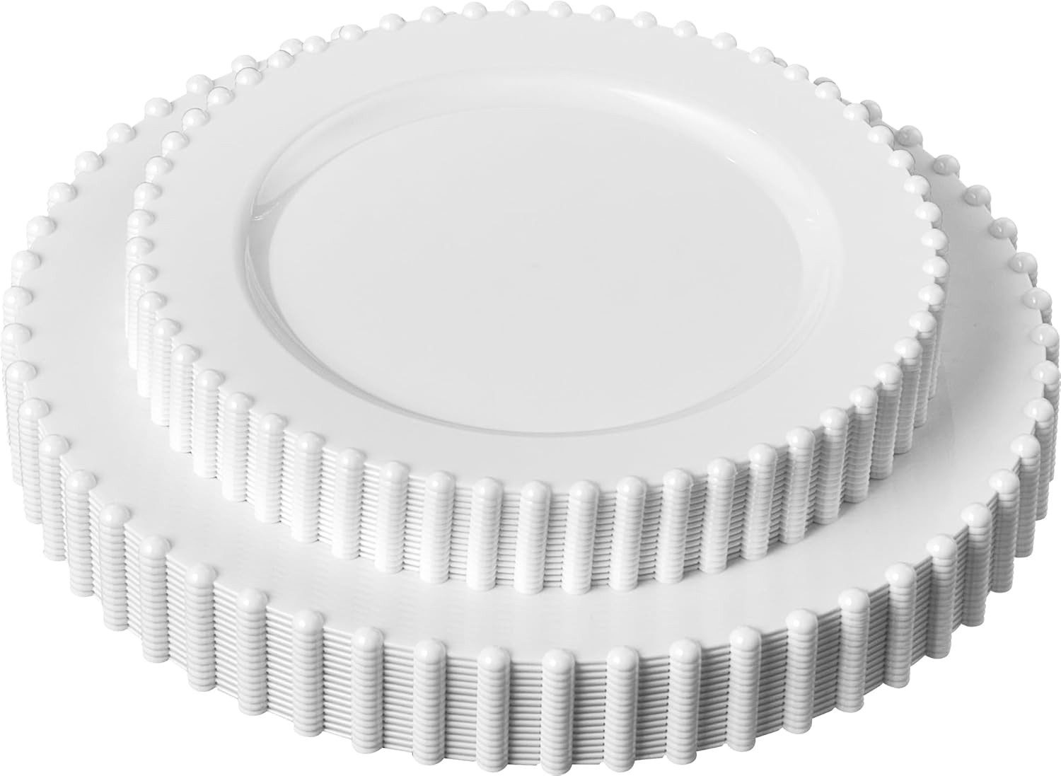 plasticpro 128 piece combo plastic dinner plates disposable plastic fancy heavy duty party dishes 7 inch and 10 inch, white beaded 128 white beaded collection