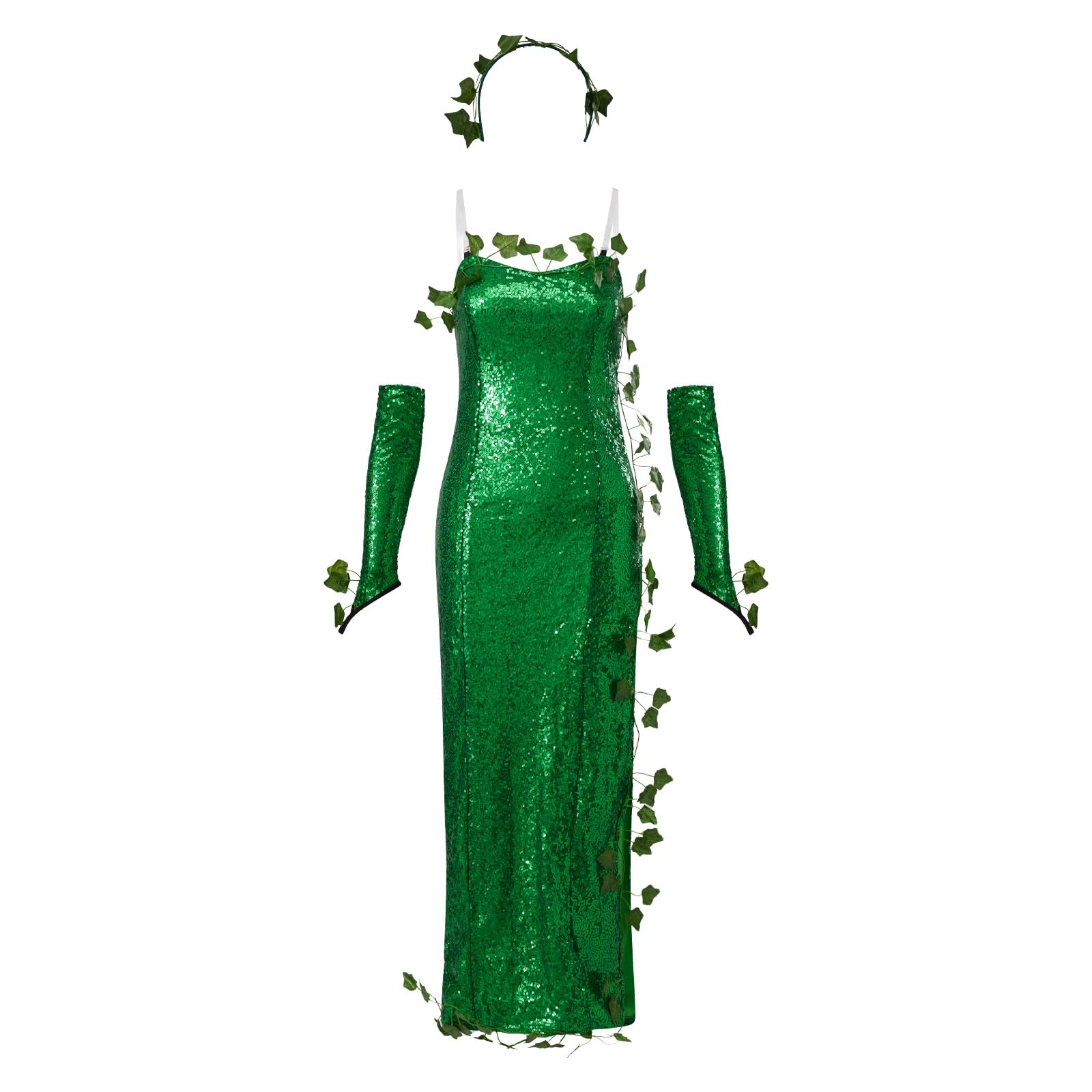 Edhomenn Deluxe Green Ivy Costume Ladies Halloween Costumes Fake Leaves Sleeveless Sequin Dress with Gloves (03 Green, M)