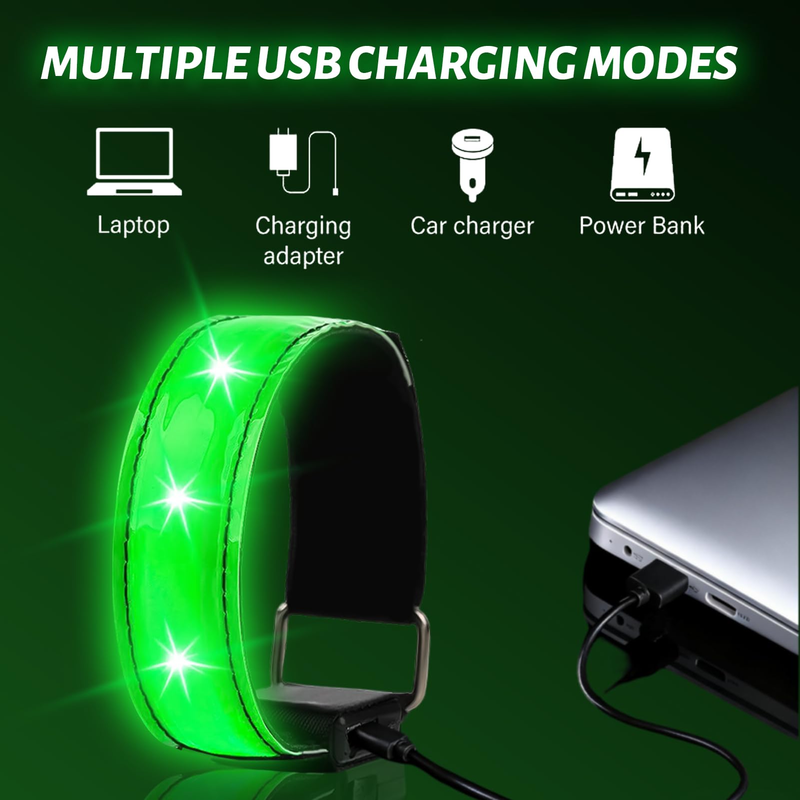 TaimeiMao 2 Pezzi Bande Catarifrangenti, LED Braccialetto Ricaricabile USB, Fascia di Sicurezza ad Alta visibilità, per Ciclismo, Jogging, Escursionismo, Running - Verde
