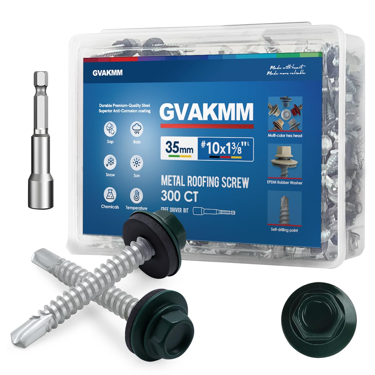 GVAKMM 300Pcs 4.8 x 35mm Green Metal Roofing Screws, 8mm Hex Colored Head Self-Drilling Metal to Wood Siding Fasteners, in Reusable Storage Case, 8mm Hex Driver Bit Included