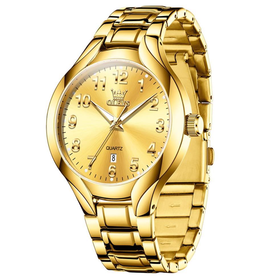 Image of OLEVS Watches for Men Original Luxury Analog Quartz Easy Read Mens Watch Stainless Steel Waterproof Calendar Gold Male Wrist Watch