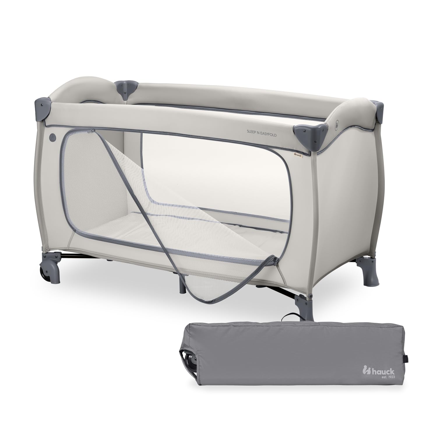 hauck Sleep N Easyfold, Dark Grey - Lettino da Viaggio Facilissimo da Richiudere dalla Nascita fino a 15 kg con Ruote, Borsa di Trasport e Grande Ingresso Zip per Giocare, 125 x 69 x 82 cm, 7,6 kg