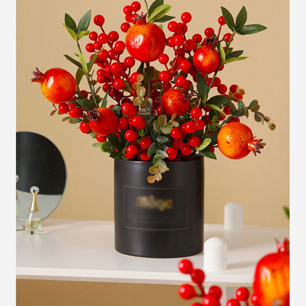 Arte Floral Pomegranate Flor Artificial con jarrón de cerámica for la decoración del hogar Flowers Set jardín Decoración Navidad Suministros Accesorios De Fotos