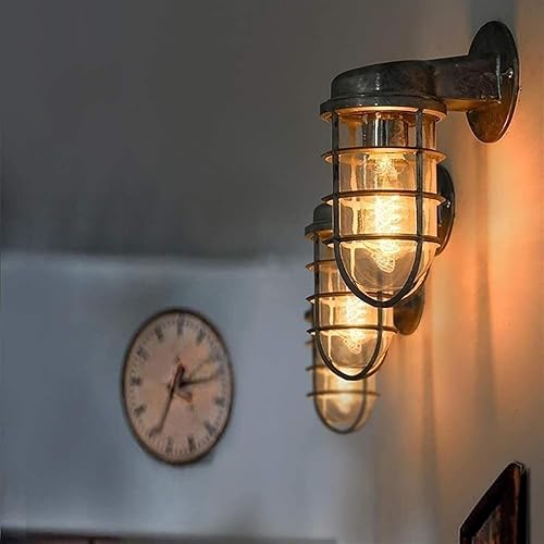 Miniatura 2 de MSLRYGM Creative Wrought Iron Glass Wall Lamp Retro Metal Cage Industrial Style Nautical for Bar Bedroom (Silver)