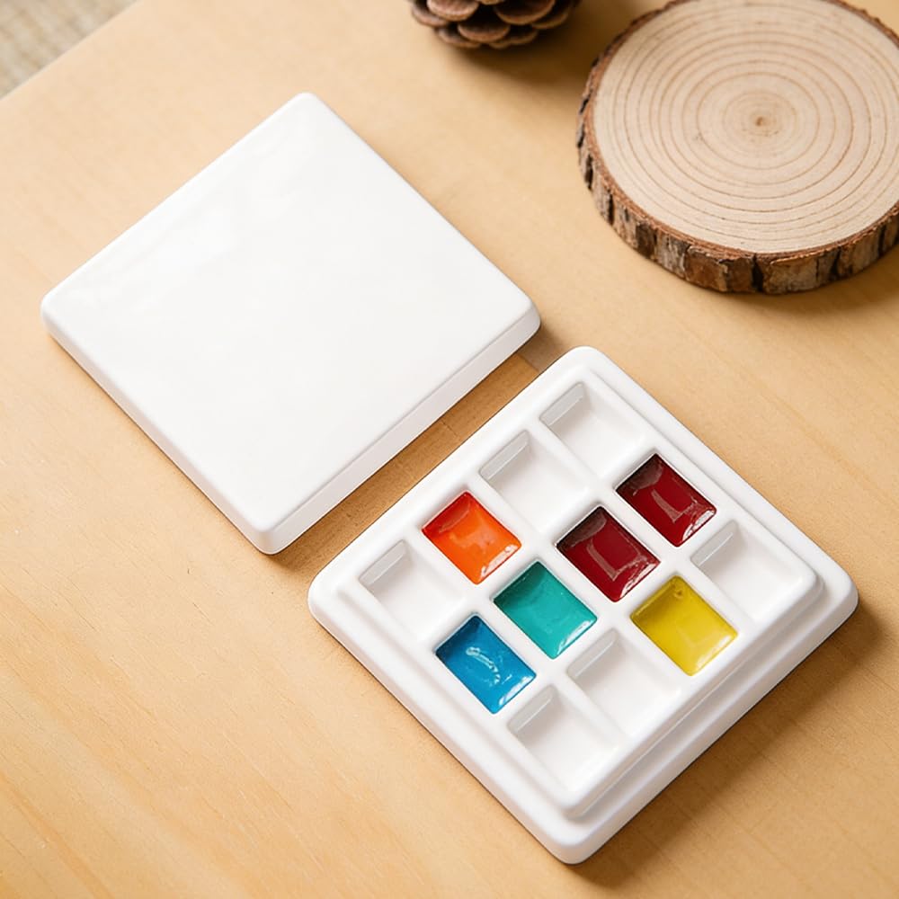 Tavolozza Ceramica con Coperchio,12 pozzi,Tavolozza per Acquerello Tavolozza per Miscelazione Acquerello Tavolozza per Pittura Portatile Tavolozza Colori per Acquerelli, Artisti
