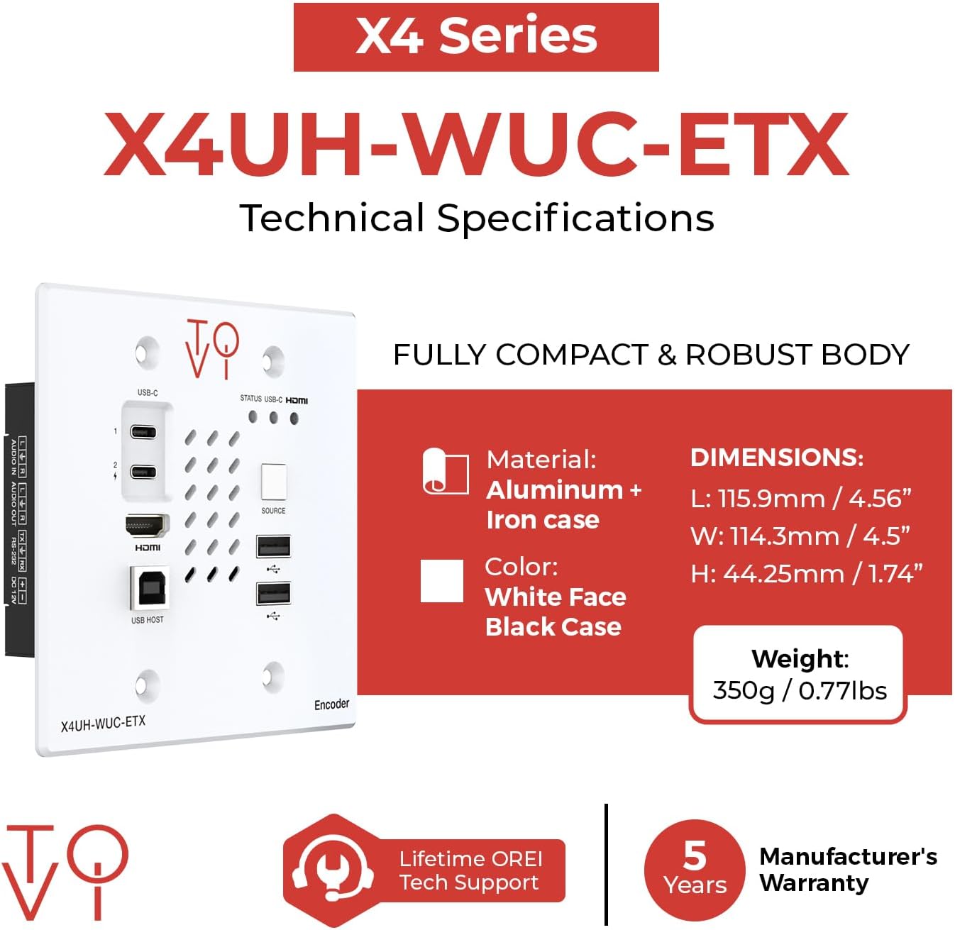 ToVi X4UH-WUC-ETX 4K60 HDMI & USB-C Wall-Plate AV Over IP Encoder with KVM, PoE, HDR10/Dolby Vision, Dolby Atmos/DTS:X Audio, RS-232, CEC & Web GUI Control