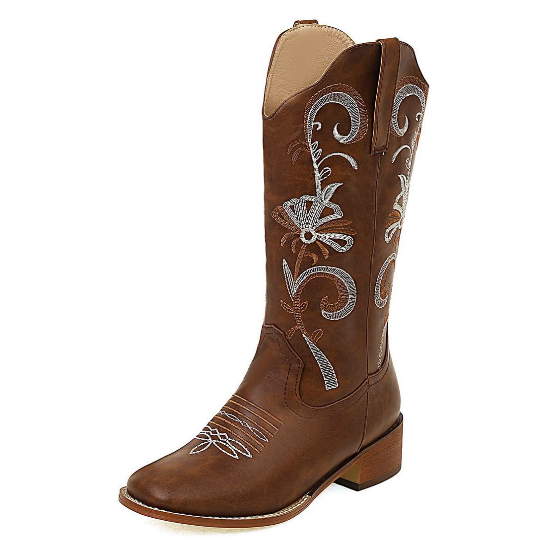 KiutSymo Womens Cute Embroidered Cowgirl Boots Mid Calf Square Toe Chunky Heels Western Work Boots
