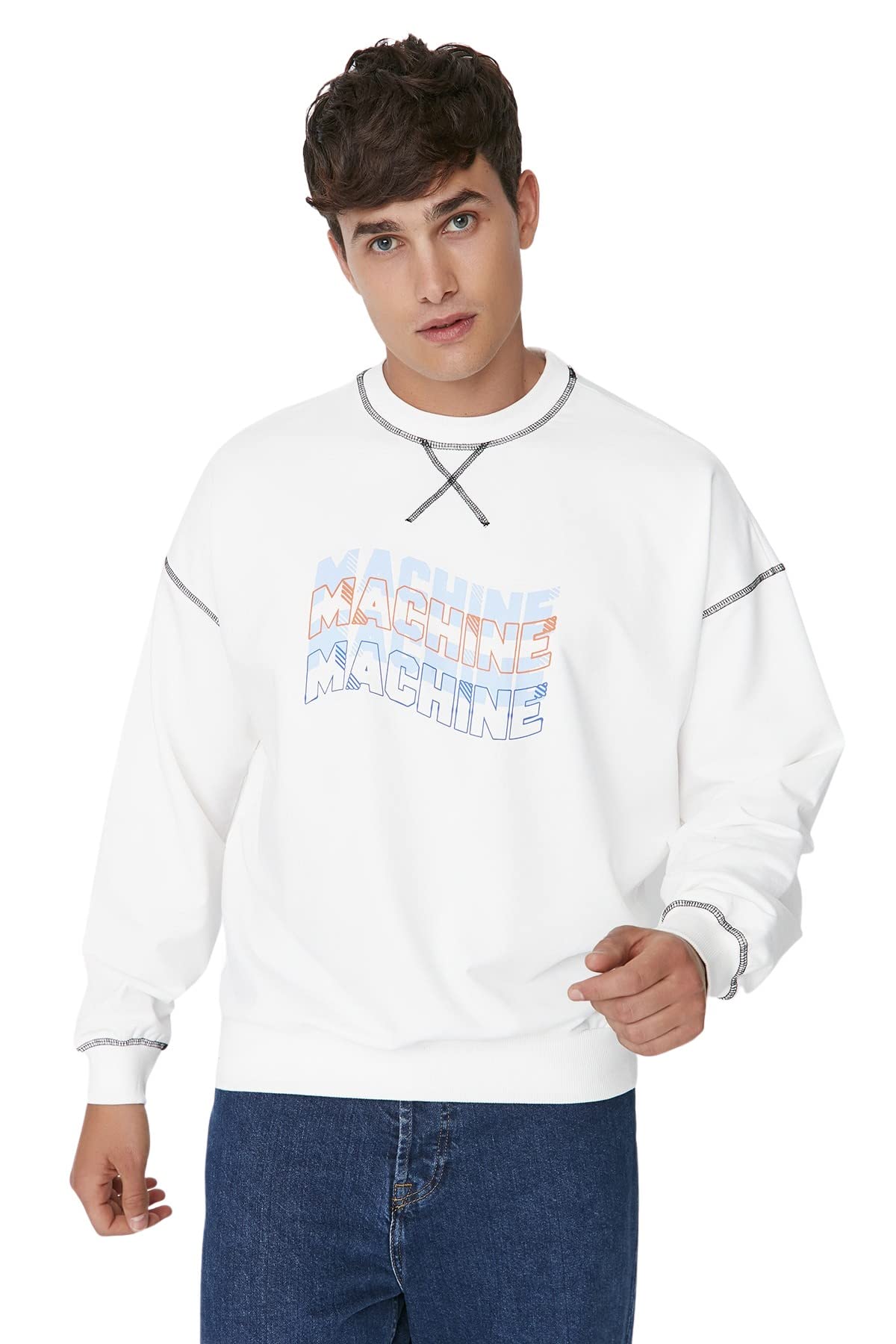 Trendyol Herren Oversize Basic Rundhals Strick-Sweatshirt, Natur, XS