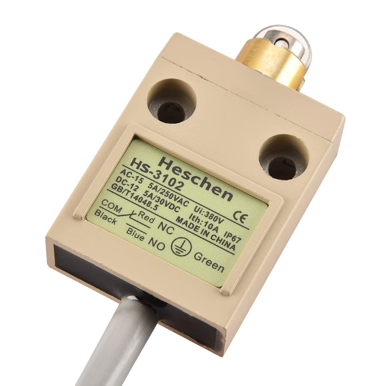 Heschen Kompaktowy wstępnie okablowany wyłącznik krańcowy, HS-3102, tłok rolkowy, 1NO 1NC, SPDT, typ chwilowy, AC250V 5A, wodoodporność IP67