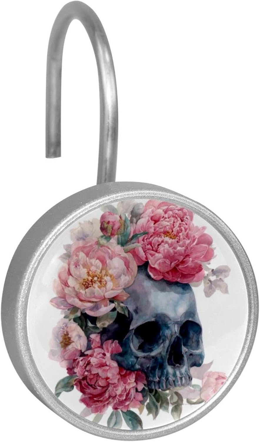 12PCS Watercolor Skull and Peonies Flowers (6) Shower Curtain Hooks Metal Rust Resistant Decorative Shower Curtain Hooks Bathroom Decorations
