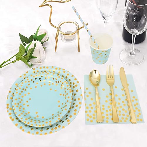 Miniatura 4 de Blue and Gold Party Supplies - Juego de vajilla desechable de platos de papel azul con puntos dorados platos de postre y cubiertos de plástico con