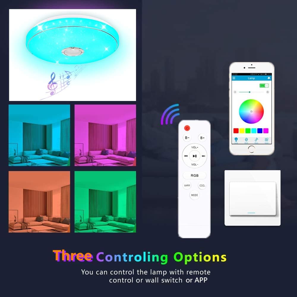 Up To 50% OFF LED Starlight Music Ceiling Light with Bluetooth Speaker,Modern Ceiling Light Fixture Color Changing 3000-6000k,Remote APP Control,Dimmable RGB Ceiling lamp for Children's Room 3500lm 36W (White)