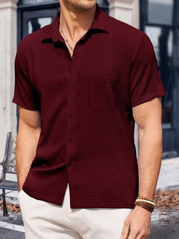 Image of Pinkmint Men's Popcorn Shirt Comfortable Short Sleeve Shirt's Casual Textured Shirt (Pack of 1) Pink
