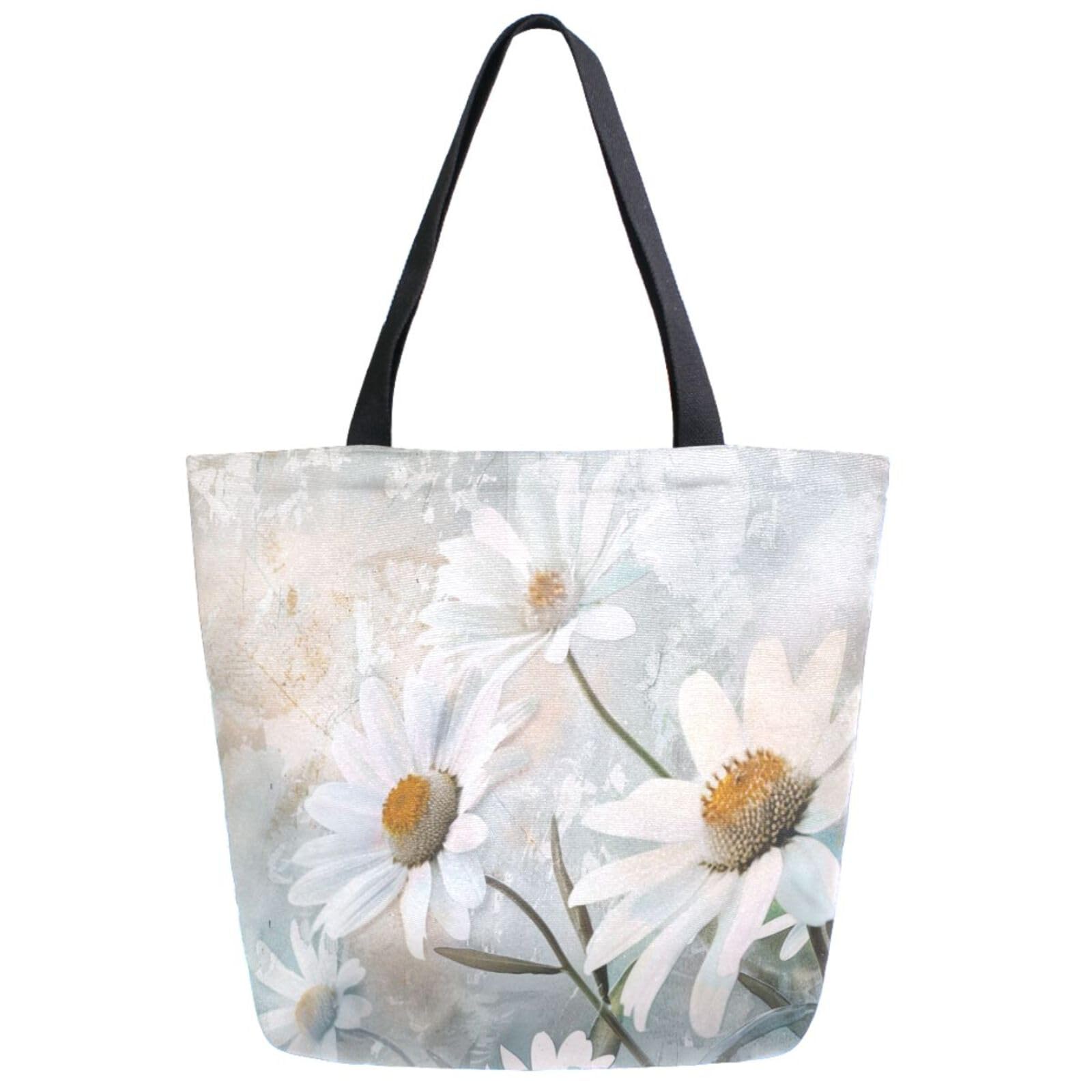 ZzWwR Stylish Extra Large Shoulder Grocery Tote Bag, White Daisy Flowers Canvas Daily Handle Bag for Gym Weekender Beach Travel Kitchen Reusable