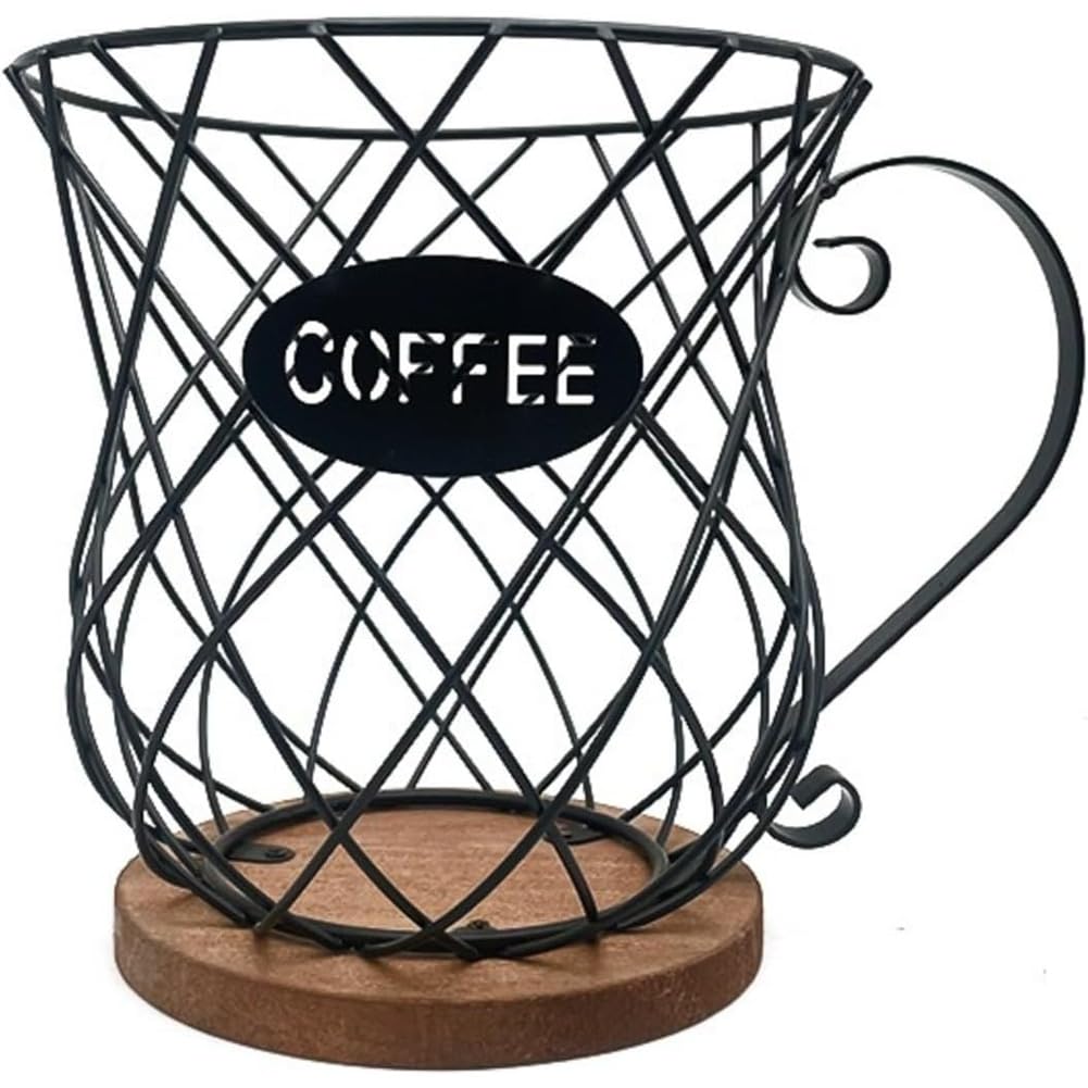 CTRLZS Wire Baskets Coffee Pod Holder-Metal Large Mug with Wooden Base for Countertop Storage-for Home& A