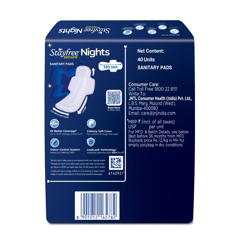 Stayfree Secure Nights | Cottony Soft Sanitary Pads for Women | Upto 100% leakage protection | Odour Control | Absorbs 2x Faster with Wider Back | 40 Pads (Pack of 2)