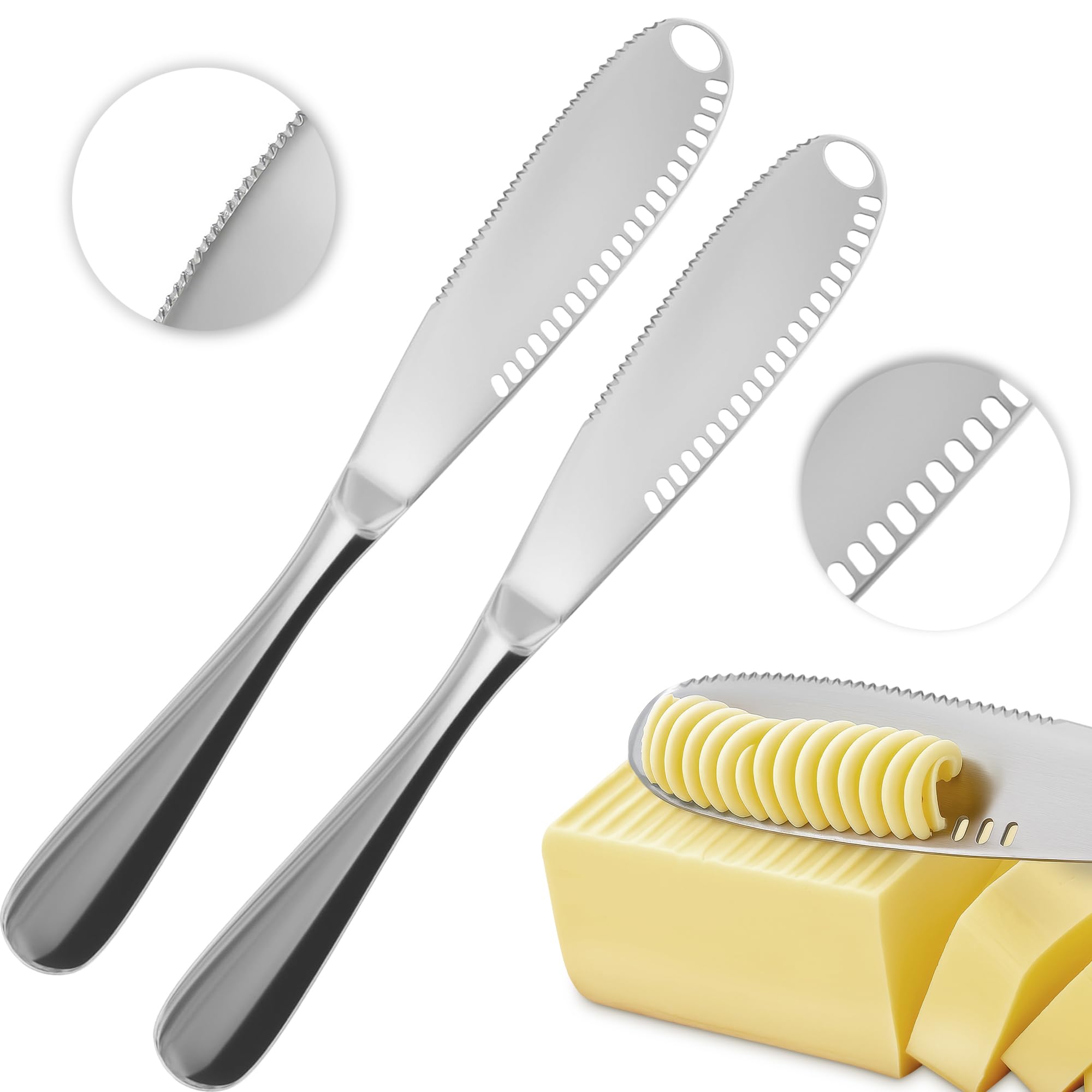 3 in 1 Butter Knife Spreader Set of 2 - Cold Butter Knife with Holes in Blade for Easy Slicing and Spreading - Spreader Knives with Micro-Grater Blade