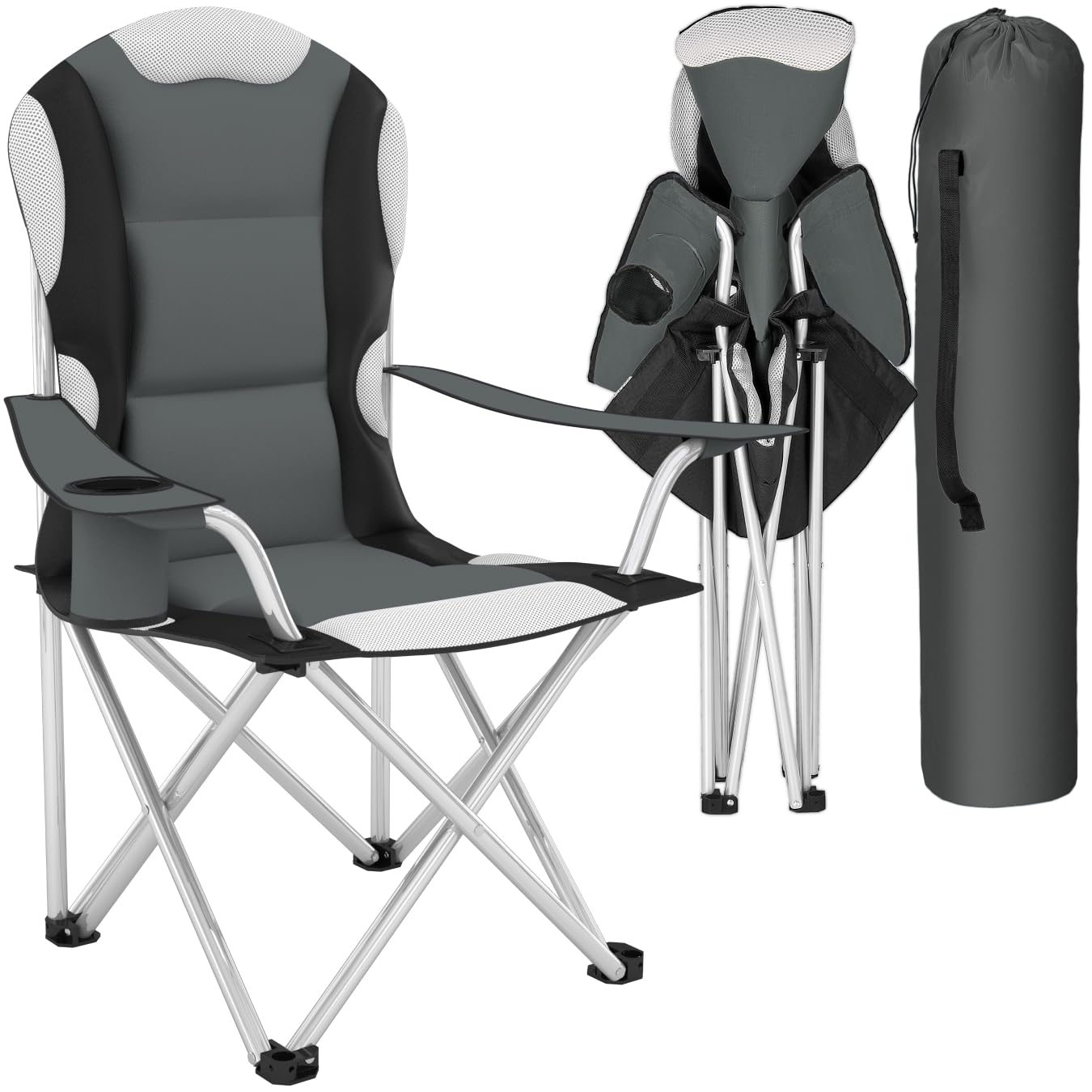 tectake® Campingstuhl mit Getränkehalter, Angelstuhl faltbar, Gartenstuhl mit Armlehnen, gepolsterter Klappstuhl, Campingstuhl faltbar, Tragetasche, für Camping Strand Garten Terrasse - grau