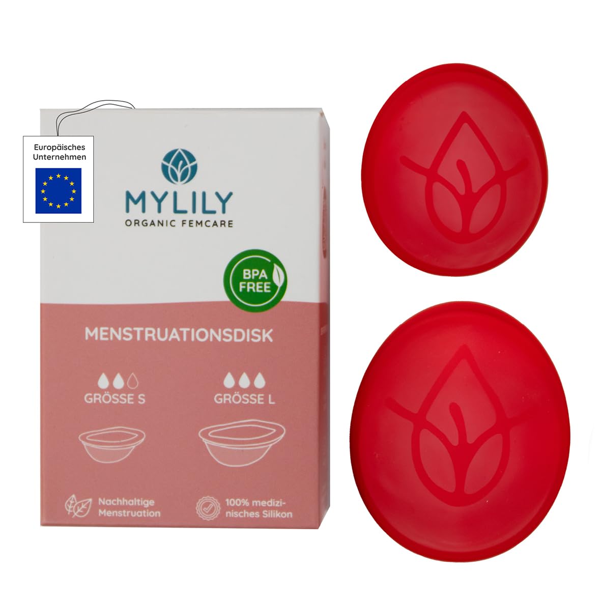 Krążek menstruacyjny MYLILY® zestaw 2 sztuk | 100% silikon medyczny I okres | krążek menstruacyjny I zrównoważony i oszczędny I krążek menstruacyjny | wielokrotnego użytku I S + L