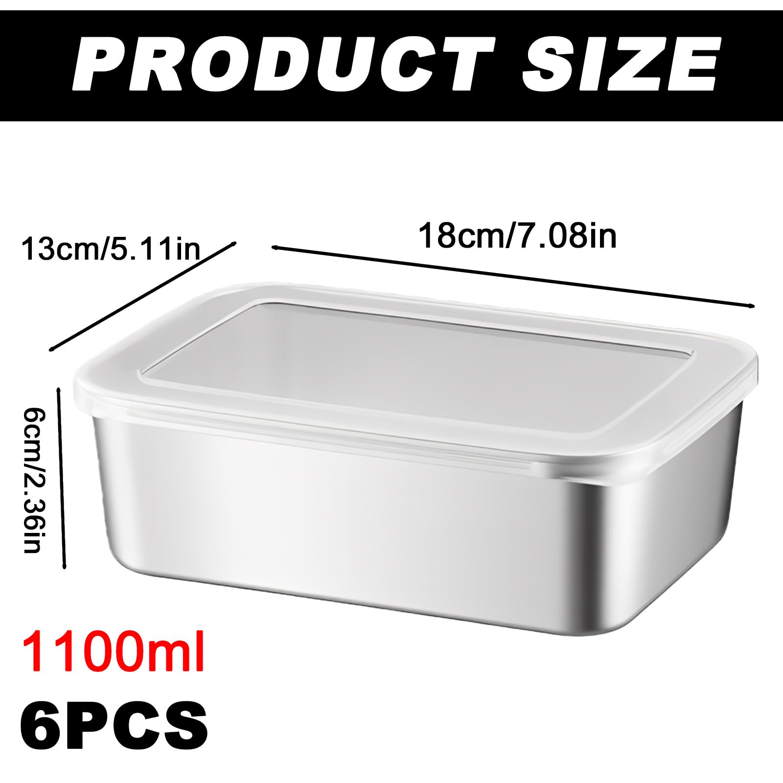 Barattolo in acciaio inox da 1100 ml: 6 contenitori per alimenti con coperchio, design monopezzo, contenitore per alimenti con coperchio trasparente, per cucina e magazzino, 18 × 13 × 6 cm