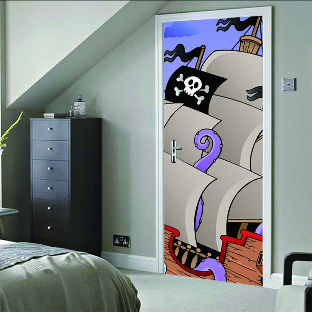 Autocollant Porte 3D Bateau Pirate Cartoon - Sticker Mural Auto-Adhésif 90x210 Cm Pour Décoration Enfant