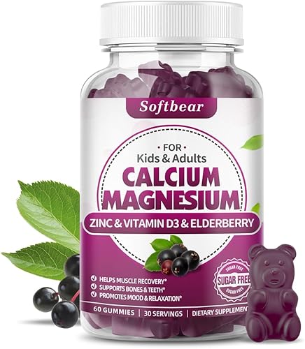 softbear Gomitas de calcio y magnesio y zinc para mujer, suplemento de calcio y magnesio de alta absorción, calcio masticable, 600 mg para