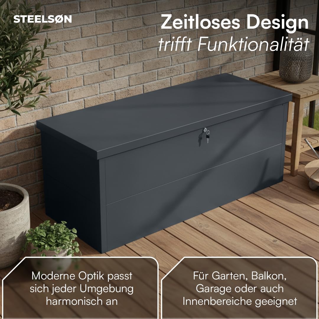 STEELSØN Icarus Gartenbox Metall 560 L – Auflagenbox mit Deckel abschließbar – Gartentruhe wasserdicht – Aufbewahrungsbox in Anthrazit – outdoor Kissenbox 165x70x63 cm – große Truhe für Gartenpolster