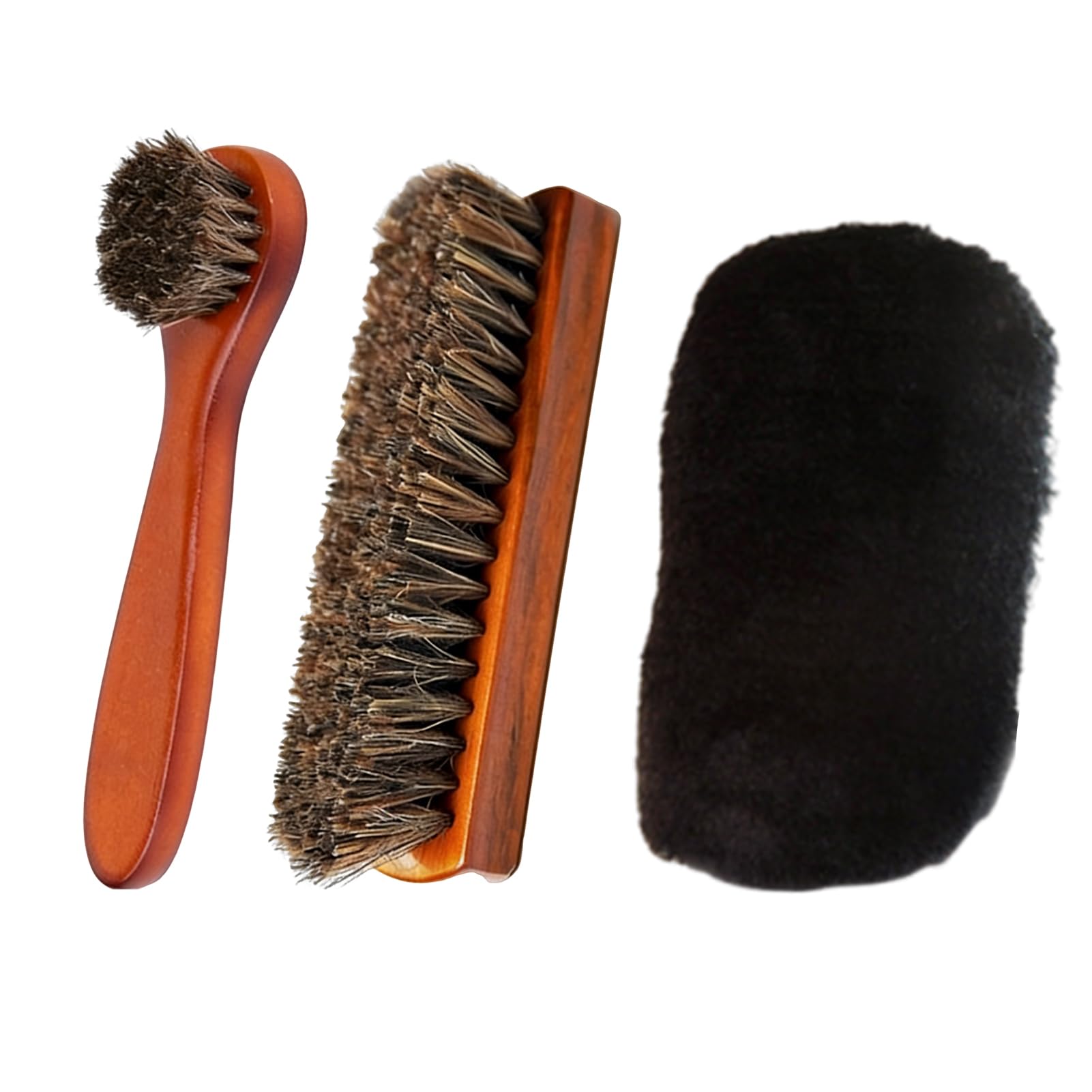 Kit Cuidado del Cuero 3 Piezas - Cepillos de Crin de Caballo Natural y Guante de Pulido - Set de Limpieza y Brillo para Zapatos, Botas, Bolsos y Asientos de Coche