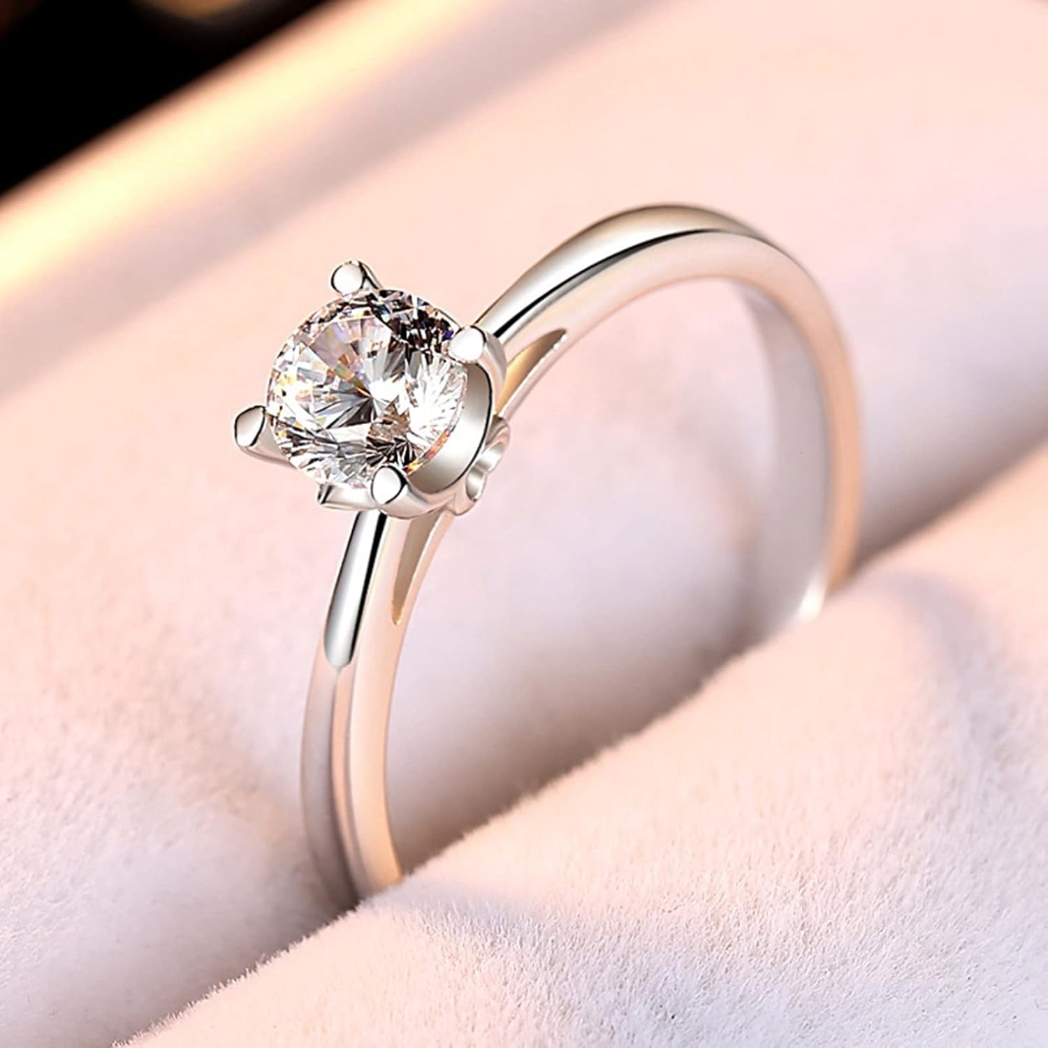 Cute Rings, Engagement Ring for Women Cubic Zirconia Sterling Silver Heart 4 Claw Design Engagement Ring for Women