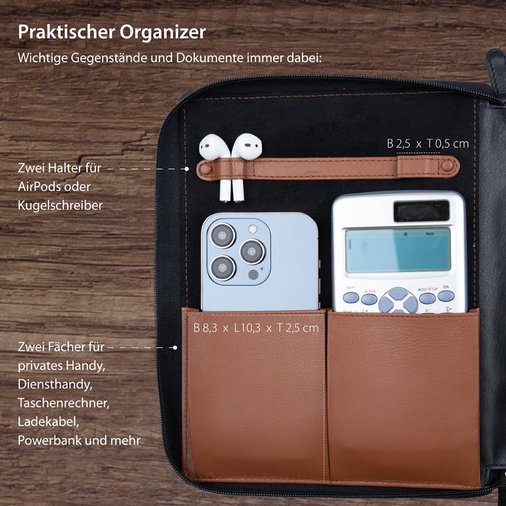 HANS/SON Business-Organizer – Edles Echt-Leder-Case mit 2 Fächern, Platz für A5 Block oder Tablet und wichtige Utensilien, ideal für unterwegs - schwarz, innen braun