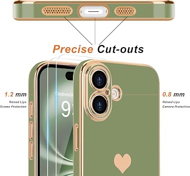 Teageo Cute Heart Girly Design Case for iPhone 17, Light green | with 2 Screen Protectors, Luxury Bling Plating Phone Case, Soft TPU Cover, Shockproof Bumper, for Women Girls