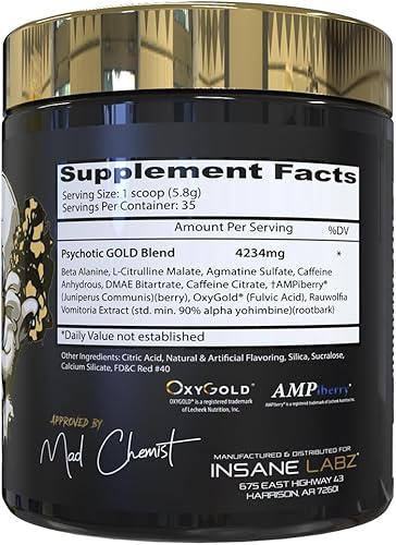 Miniatura 31 de Insane Labz Psychotic Gold - Polvo estimulante para pre entrenamiento, energía extrema, concentración, levantamiento de pesas y resistencia con beta