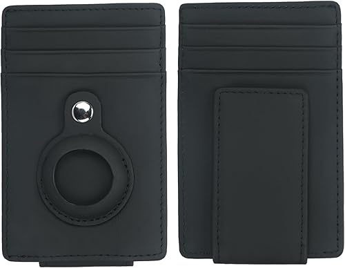 Cartera de cuero de grano completo para hombres, clip magnético para dinero con soporte AirTag, bolsillo frontal con bloqueo RFID, Negro -, Cartera