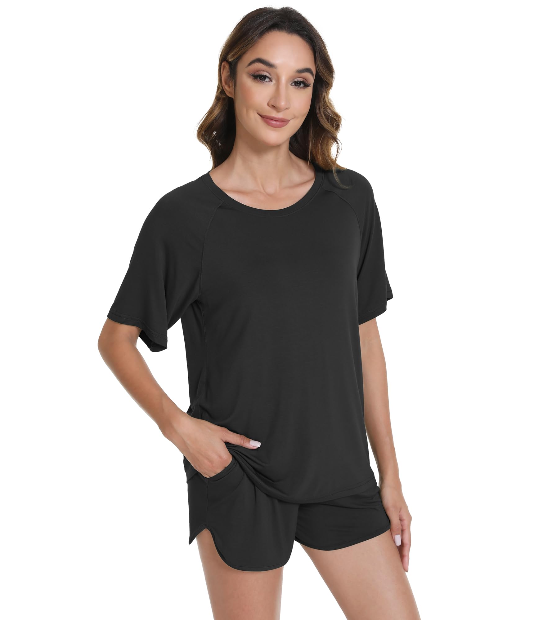 WiWi Pijama para mujer, camiseta de manga corta con pantalones cortos de viscosa de bambú, conjunto de pijama refrescante S-XXL