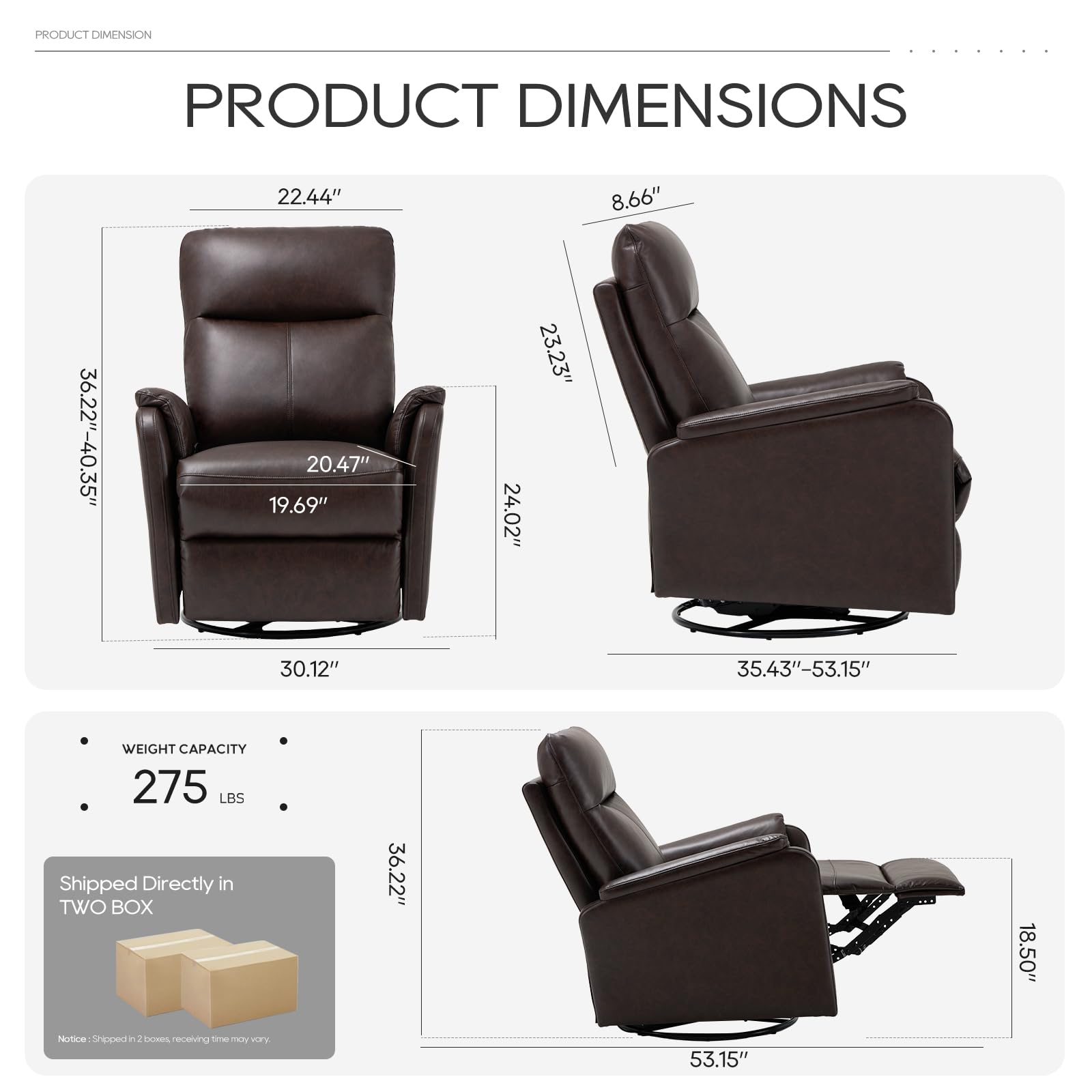 Swivel Rocking Recliner Glider Chair, Leather Reclining Rocker Chair with Footrest for Living Room, Nursery, Office, Bedroom, Ergonomic High Backrest, Wide Seat Cushion and Metal Base-Chocolate