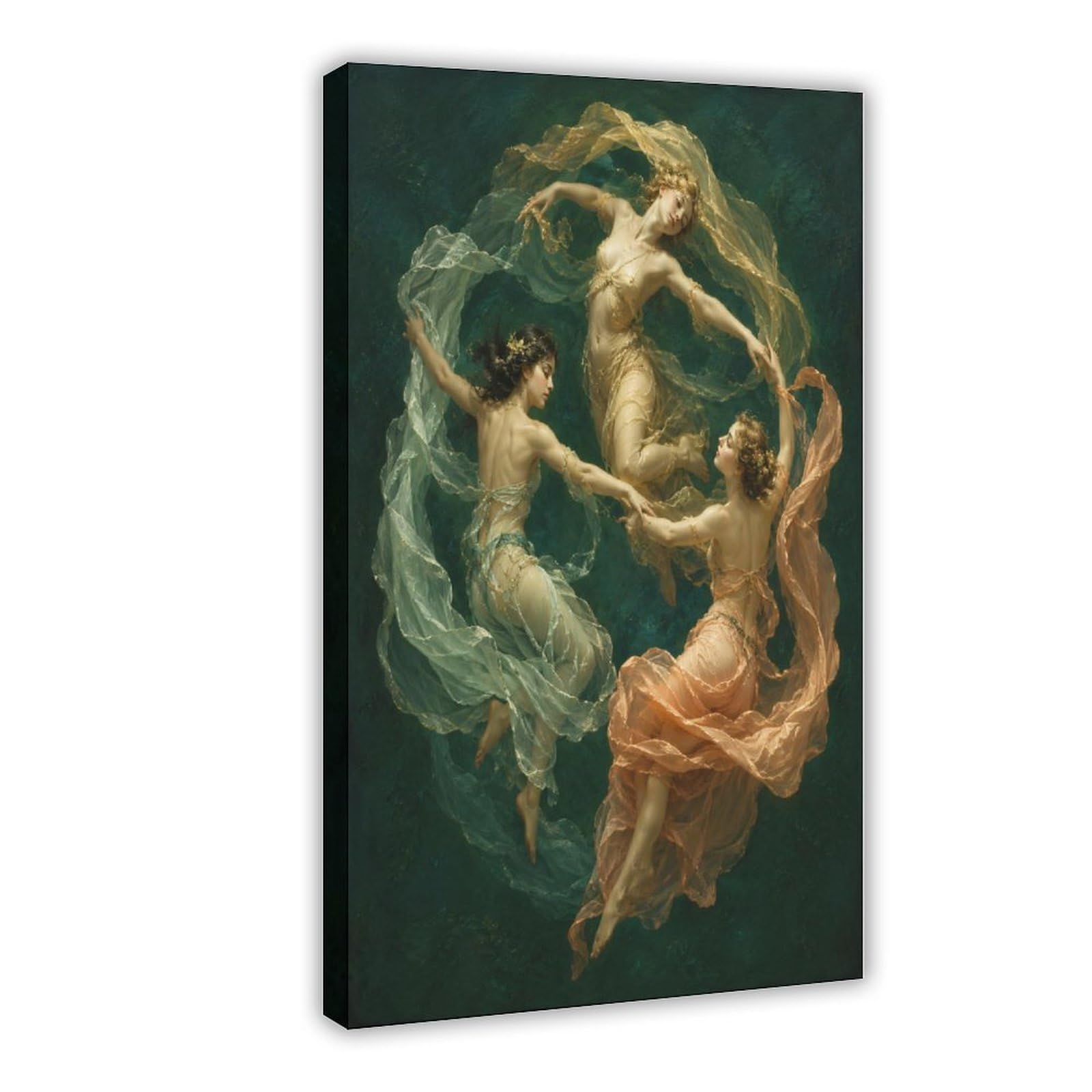 H3b8u2y5 Frame-Style-10 Three Nymphs Forest Dance Canvas Wall Art, Green Mythic Surrealist