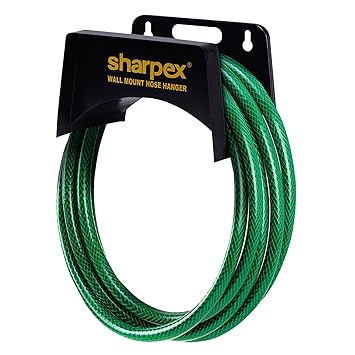 Sharpex Combo Of Hose Hanger And Hose Pipe For Garden, Car Bike Washing, Indoor Outdoor use, Hotel and Backyard - Heavy Duty Green Hose Water Pipe 10 Meter 0.5 Inch with Black Wall Mount Hose Hanger
