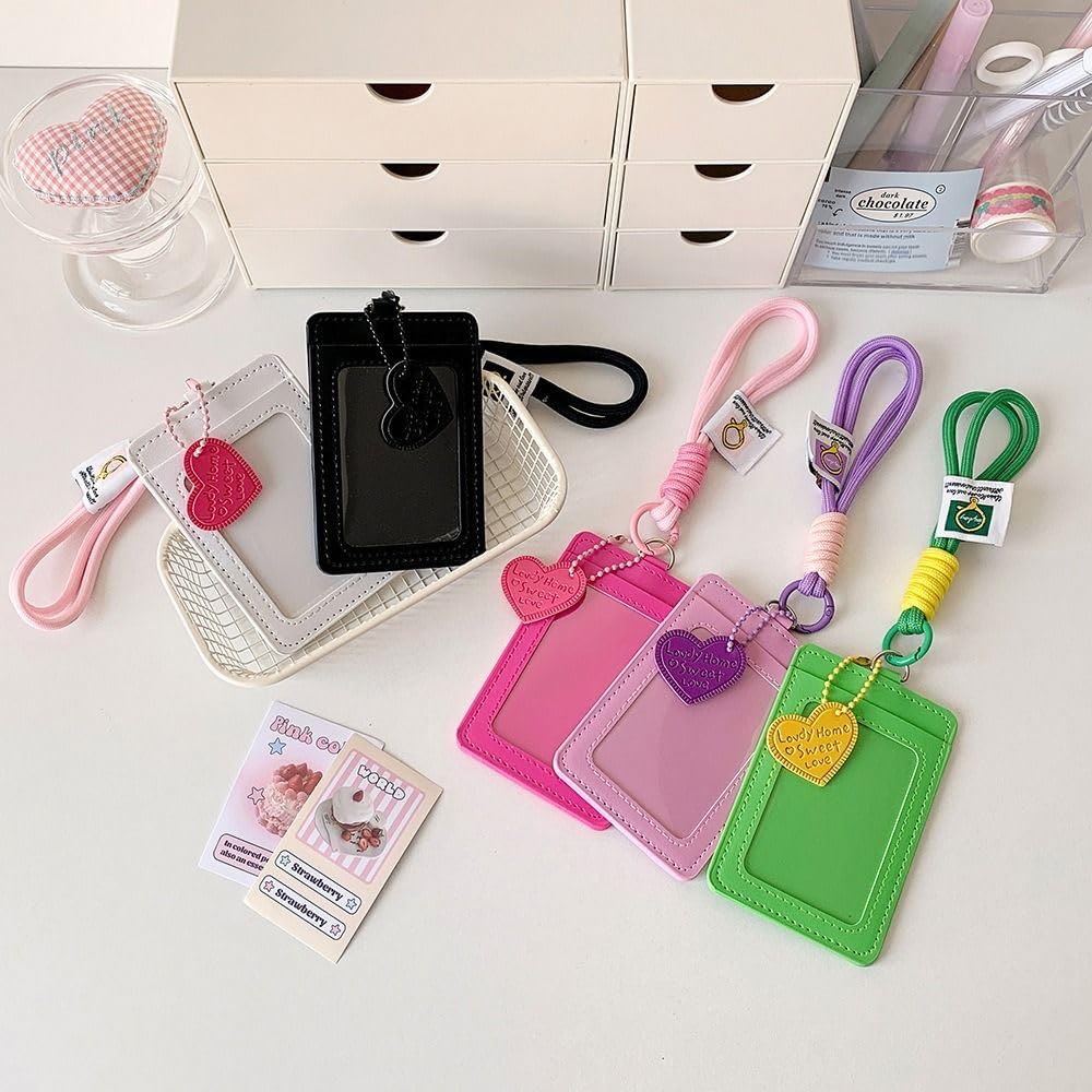 PU Card Holder with Lanyard – Double Slot ID Badge Holder for Office and Events,Photo Protective Cover 3In Size(Green)