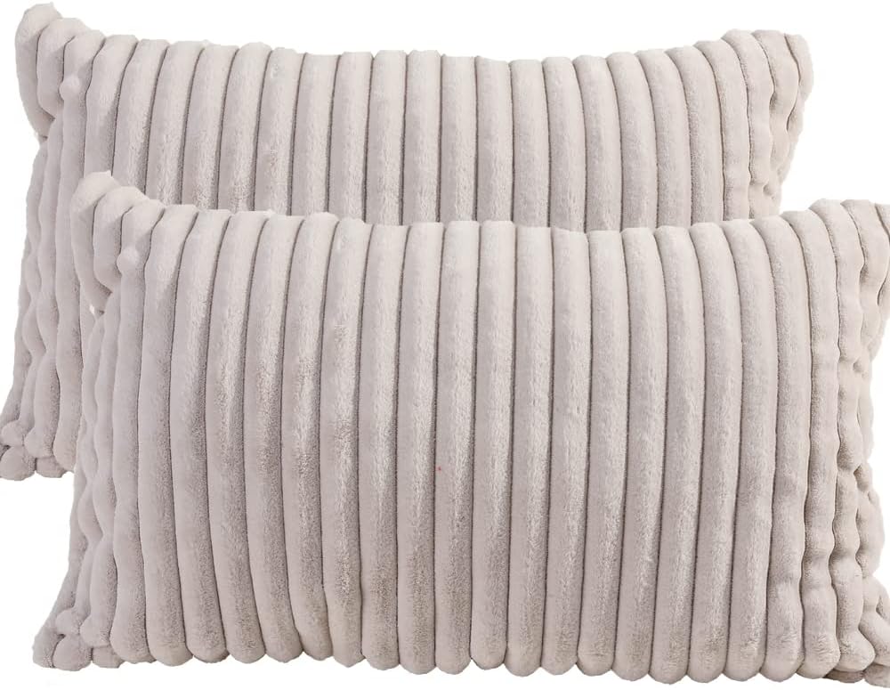 Faux Fur Striped Throw Pillow Covers Set of 2 Ultra Soft Shaggy Plush Pillow Cases Standard/Queen Size Decorative Fluffy Pillowcases Pillow Shams with Zipper Closure(Standard,Cream White)