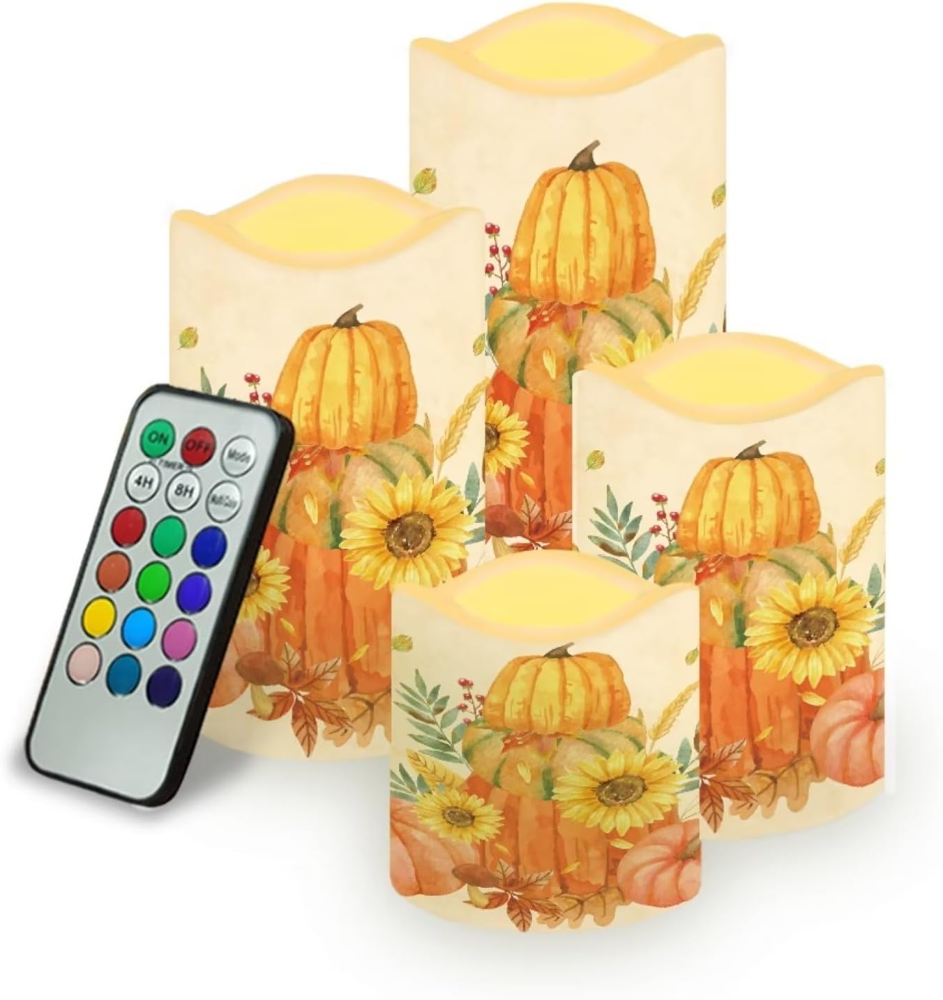 Sunflower Pumpkin Flame Lighted Pumpkins Fall Decor Flameless Candles Realistic Pillar Candle for Thanksgiving Decorations with Timer and Remote