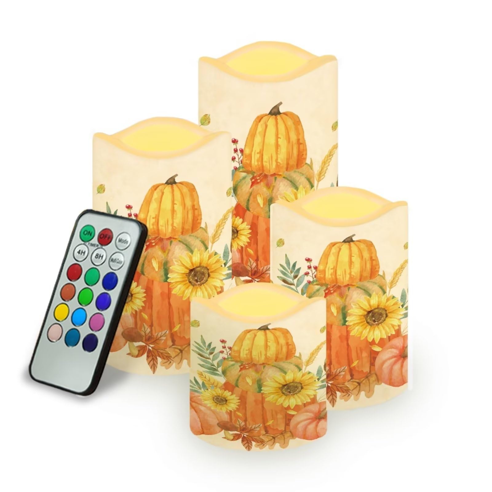 Hechitok Sunflower Pumpkin Flame Lighted Pumpkins Fall Decor Flameless Candles Realistic Pillar Candle for Thanksgiving Decorations with Timer and Remote