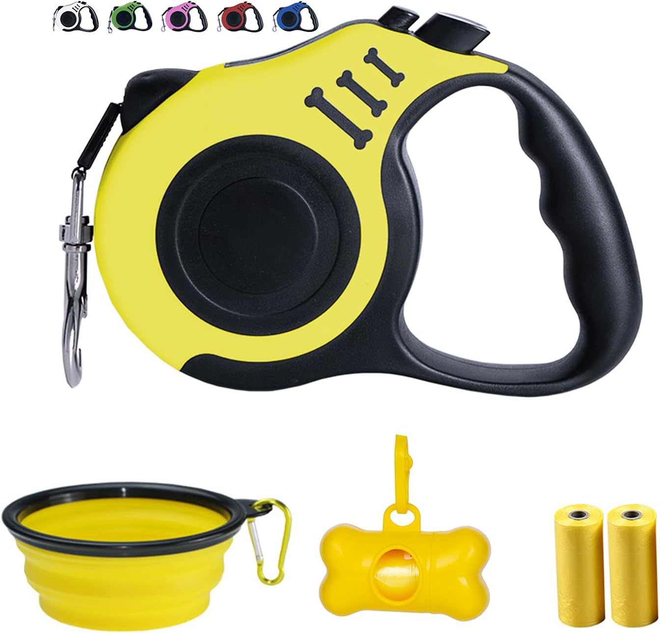 Dunhuang Retractable Dog Leash for X-Small/Small/Medium, 16ft (for Dogs Up to 33lbs), with 1 Free Portable Silicone Dog Bowl + 1 Waste Bag Dispenser + 3 Waste Bag (Yellow) : Pet Supplies
