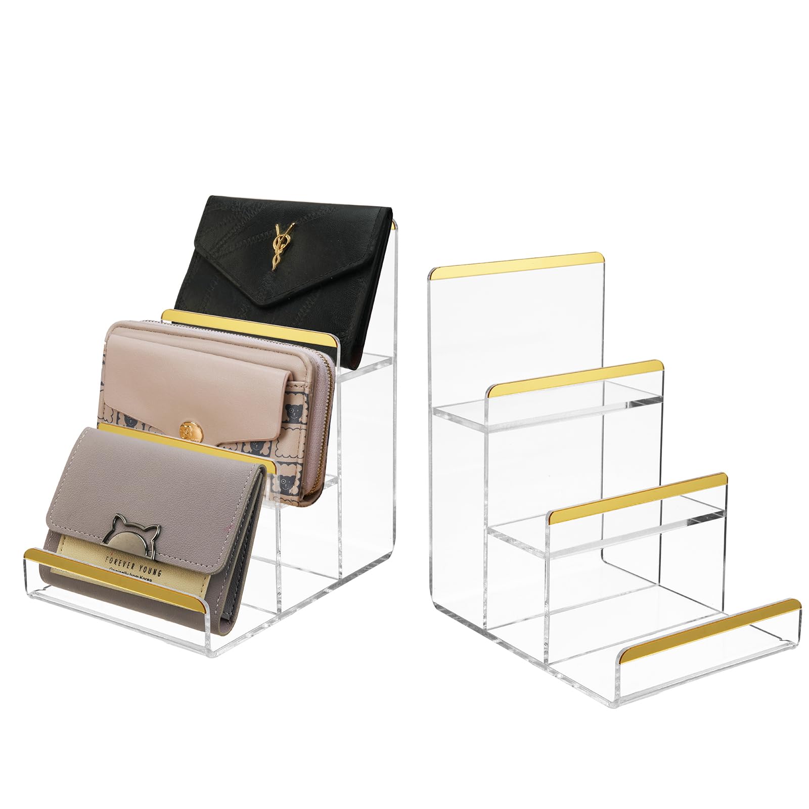 Photo 1 of 2 Pack 3-Tier Purse Display Stands, Acrylic Wallet Holder Risers Stand, 2-Inch Spacing Clear Clutch Rack Handbag Display Shelf, 4MM Thick Counter Wallet Organizer for Figure Sunglasses Retail Vendor