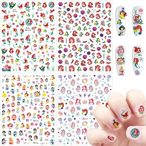 4 Sheets Mermaid Nail Art Stickers Cute Kawaii Nail Decals 3D Anime Designer Nail Stickers Self-Adhesive Acrylic Nail Art Supplies for Women Girls Cartoon DIY Nail Art Decorations Manicure Tips